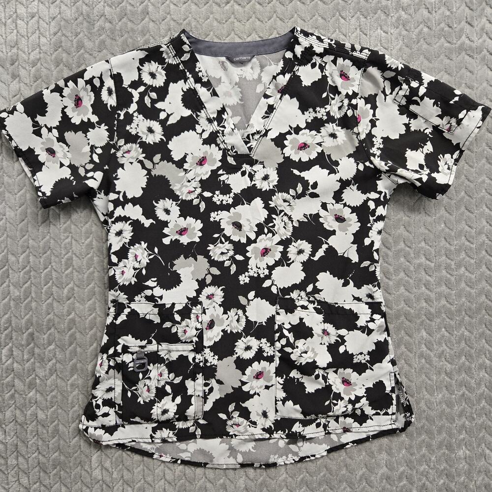 Carhartt Scrub Top Womens Small C12114 Force Modern Fit Black White Floral Print